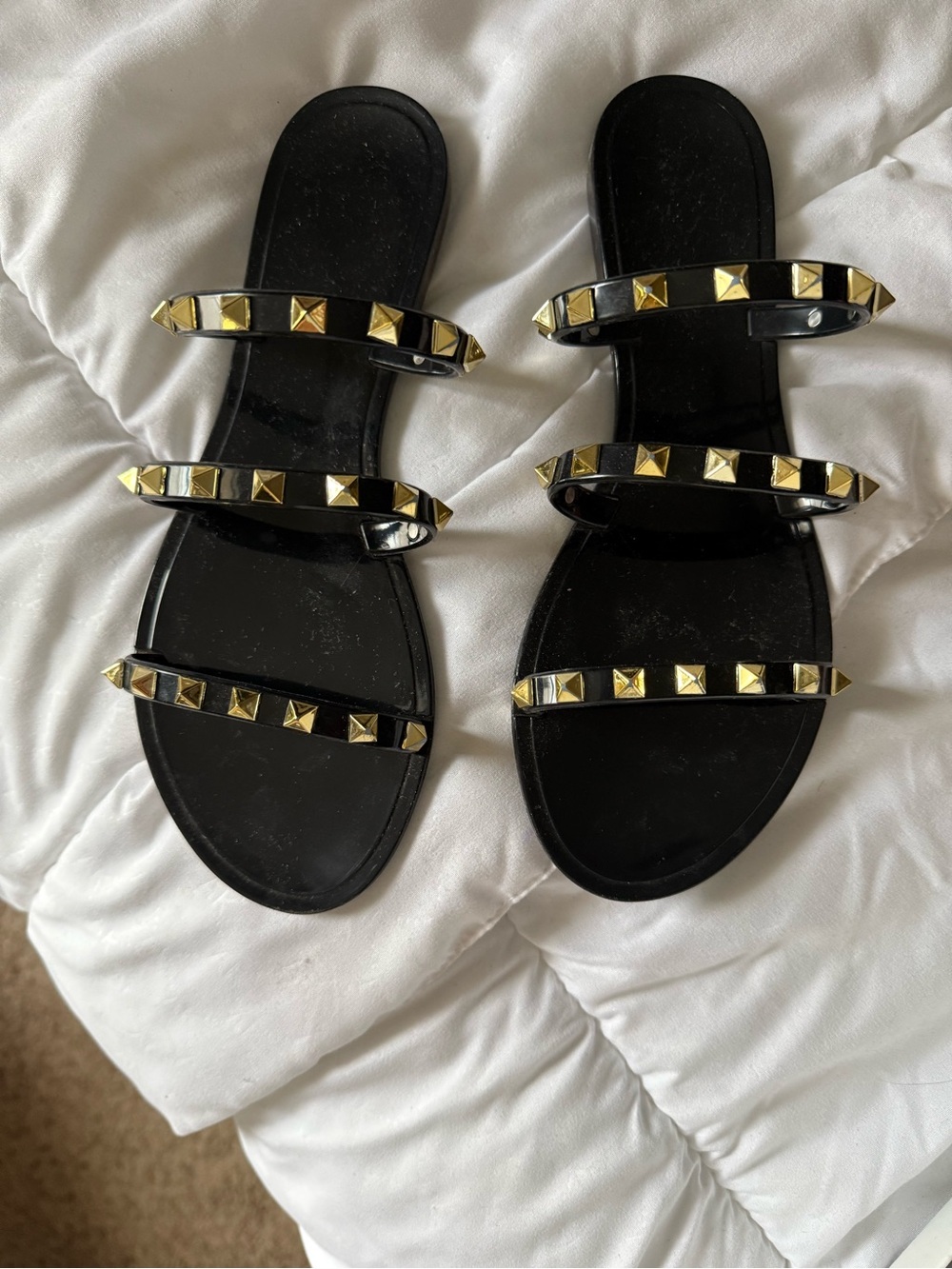Steve Madden Black Slide Sandals with Gold Pyramid Studs